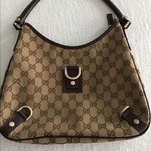 Gucci Beige Monogram Canvas D Ring Abbey Hobo Bag